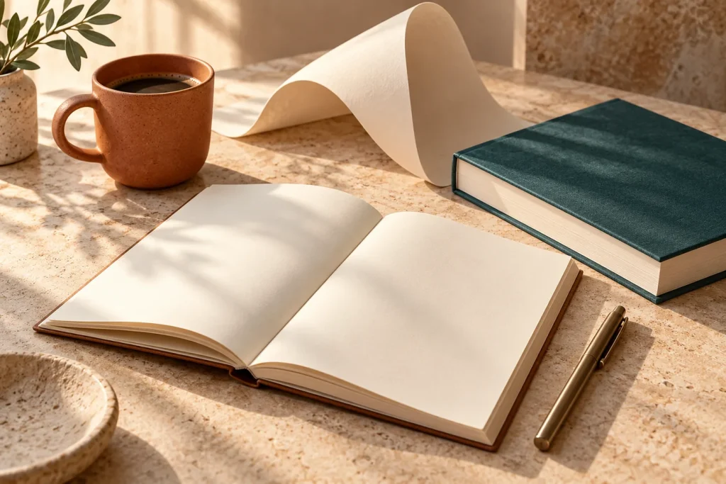 A notebook, book and ceramic cup on a warm stone desk.