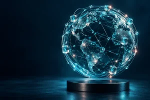 A luminous glass network globe on a dark studio background.